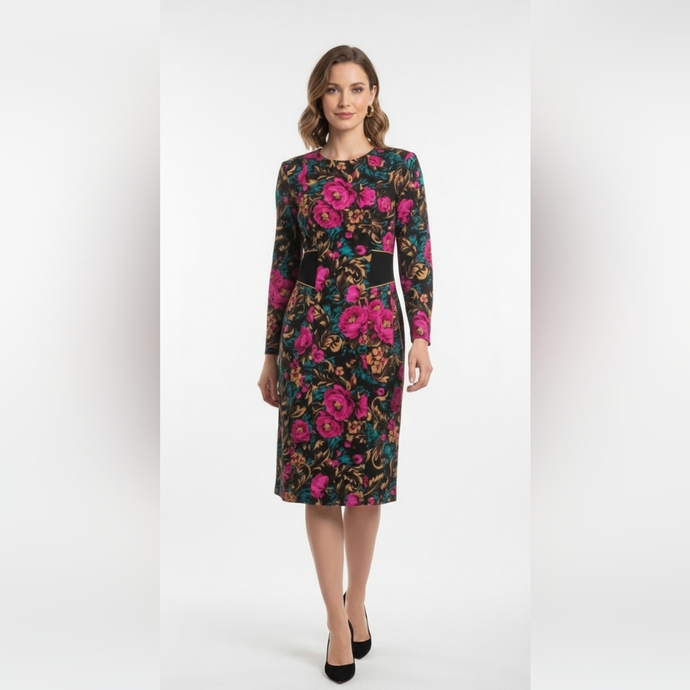 Vintage SGS Studio Dress Black Pink Floral Retro Midi Goth Whimsigoth 8T